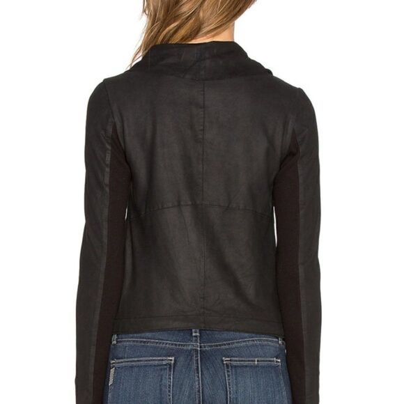 Like New Buttery Black Draped Neck Leather Bovaye Jacket - Picture 7 of 13